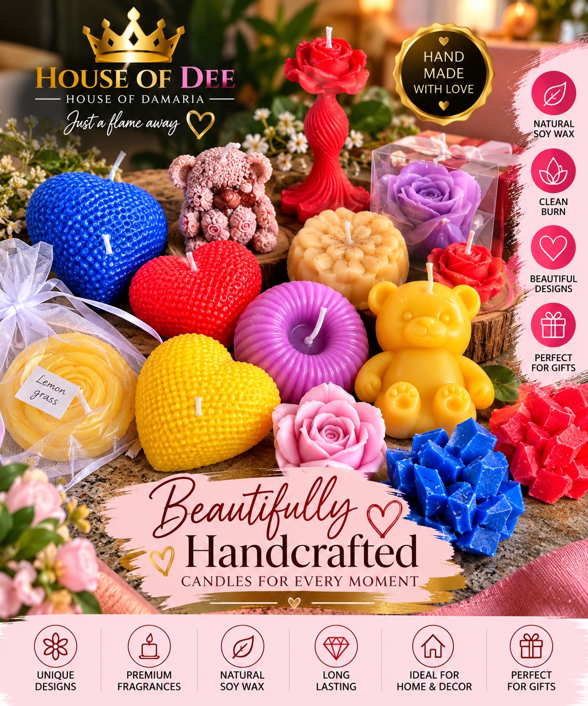 Colourful House of Dee handmade heart, rose, teddy bear and sculptural candles