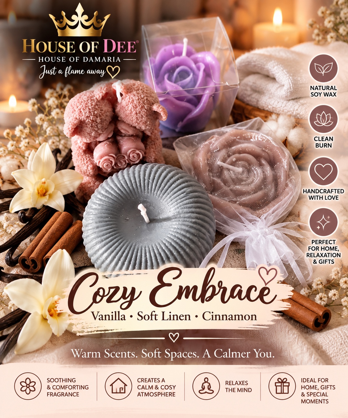 House of Dee Cozy Embrace candle collection with vanilla, soft linen and cinnamon