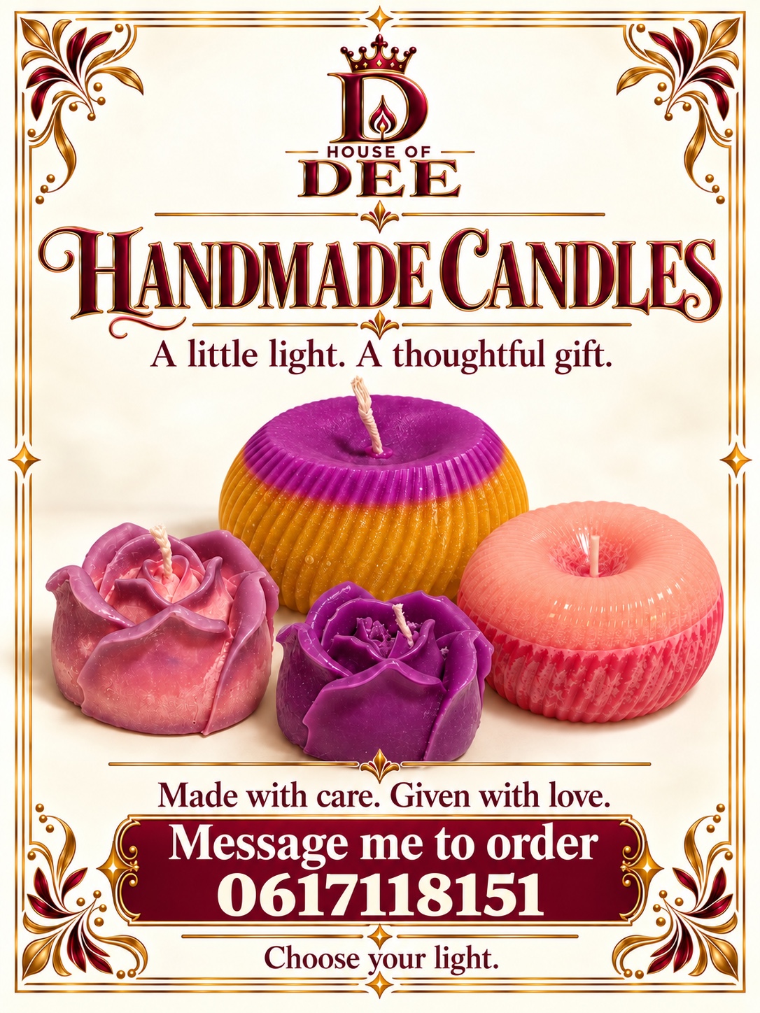 House of Dee handmade candle collection — made with care, given with love